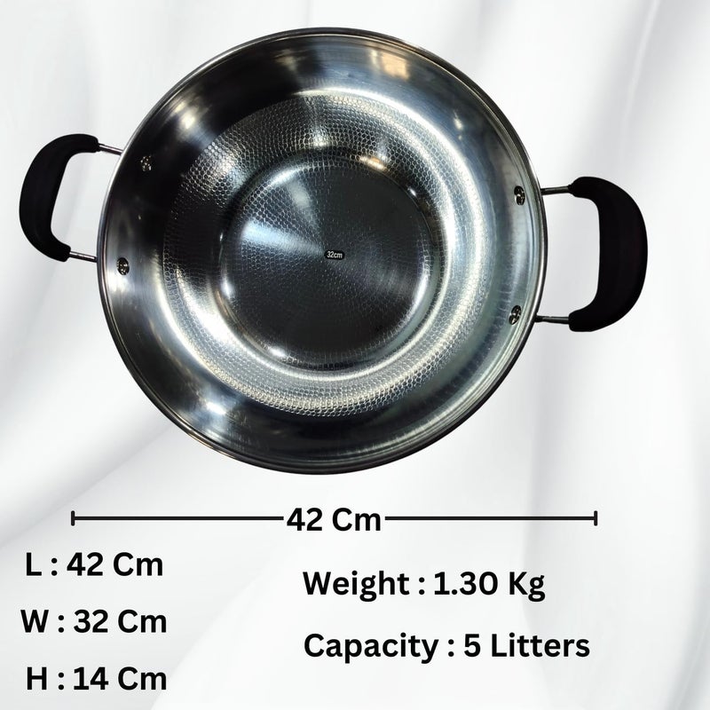 Valajogi 42CmStainless Steel Non Stick Extra Large Deep Cooking kadai Wok Heavy Base Serving Bowl with Handle Frying Stockpot 4000 ml Kadhai NonStick Induction Bottom Stewpot - Image 2