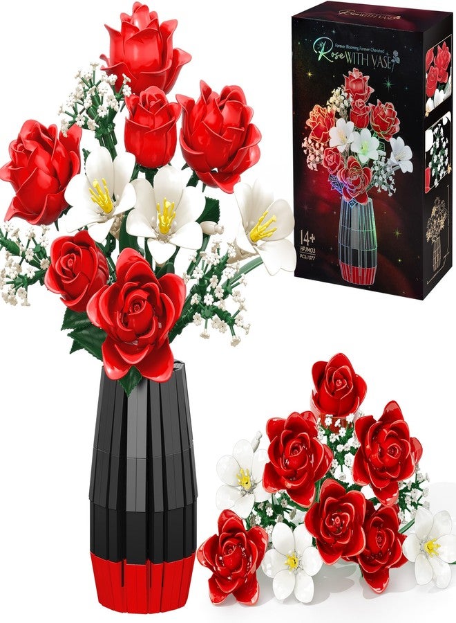 Asoulin Roses Flower Bouquet Building Blocks Set with Vase, for Women Men Teen Girls, 1077PCS Botanical Collection Artificial Flower Home Decor Birthday Gift for Her Him Wife Adult Mom Teacher - Image 1