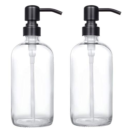CHBJDAN 2 Pack Thick Clear Glass Pint Jar Soap Dispenser with Matte Black Stainless Steel Pump, 16ounce Clear Boston Round Bottles Dispenser with Rustproof Pump for Essential Oil, Lotion Soap - Image 1
