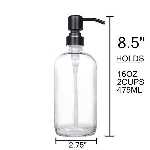 CHBJDAN 2 Pack Thick Clear Glass Pint Jar Soap Dispenser with Matte Black Stainless Steel Pump, 16ounce Clear Boston Round Bottles Dispenser with Rustproof Pump for Essential Oil, Lotion Soap - Image 3