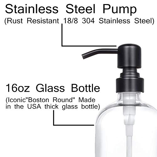CHBJDAN 2 Pack Thick Clear Glass Pint Jar Soap Dispenser with Matte Black Stainless Steel Pump, 16ounce Clear Boston Round Bottles Dispenser with Rustproof Pump for Essential Oil, Lotion Soap - Image 4