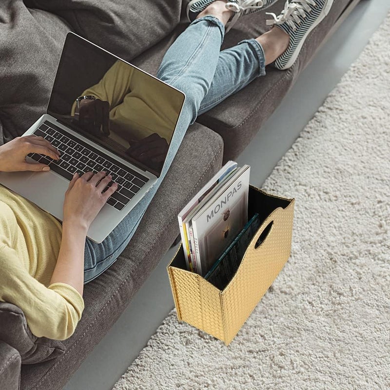 HofferRuffer Magazine Basket Holder, Foldable Magazine Rack, Document File Holder Organizer, File Folder, Newspaper Storage Bin Organizer for Home or Office (Gold) - Image 5