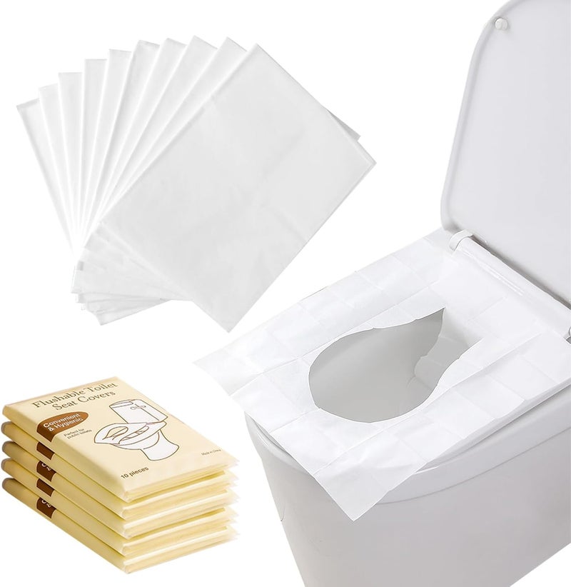 KASTWAVE 50PCS Toilet Seat Covers Flushable, Travel Essentials for Public Restrooms, Airplane, Camping Convenient Paper Covers, Toilets for Adults and Toddlers & Kids - Image 1