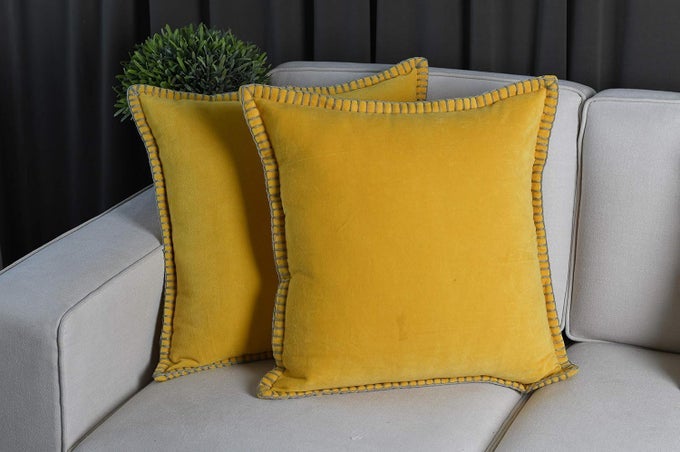 100 EXPORT QUALITY VELVET SUPER SOFT DECORATIVE BLANKET STITCH CORNER TWINSIDES DESIGN SOFT THROW PILLOW CASES FOR COUCH CUSHION COVERS FOR SOFA 16 X 16 YELLOW PACK OF 2