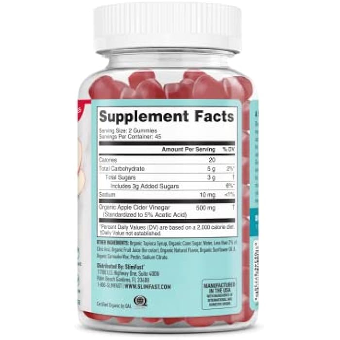 SlimFast Apple Cider Vinegar Gummies, Dietary Supplement with 500mg Organic Apple Cider Vinegar per Serving, Crisp Apple Flavor, 45 Servings (Packaging May Vary) - Image 2
