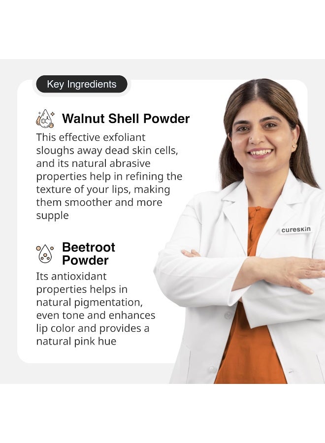 Cureskin مقشر شفاه مبيض للرجال والنساء، يقشر ويضيء مع مسحوق قشر الجوز، الشمندر وسكوالان، مقشر شفاه للشفاه الداكنة لتفتيحها إلى اللون الوردي - Image 3