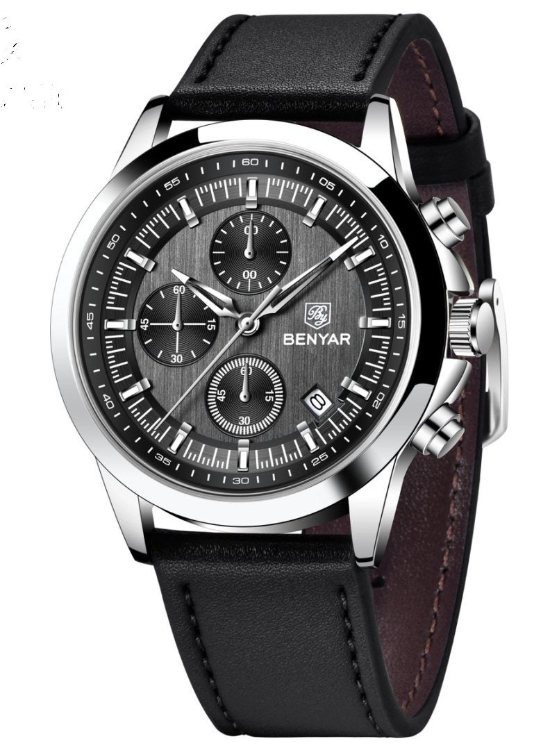 BENYAR Watches for Men Luxury Quartz Water Resistant Watch Men's Chronograph Genuine Leather Strap 5210 Black - Image 1