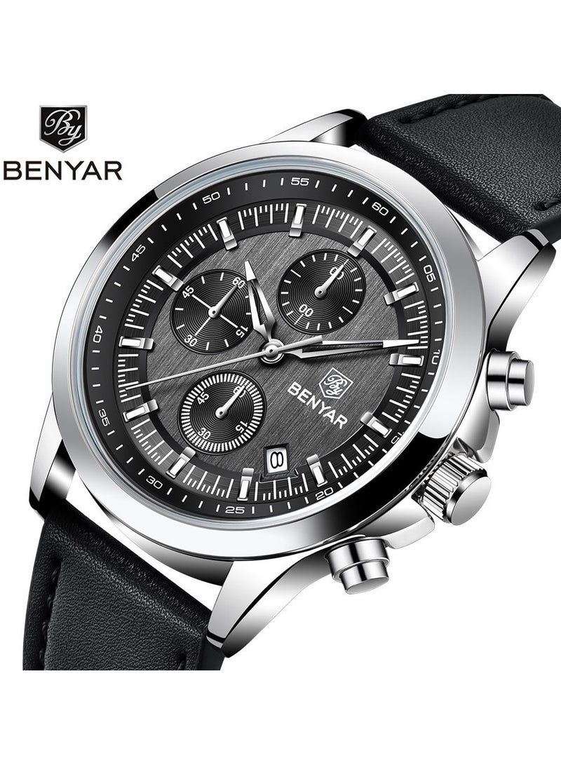 BENYAR Watches for Men Luxury Quartz Water Resistant Watch Men's Chronograph Genuine Leather Strap 5210 Black - Image 2