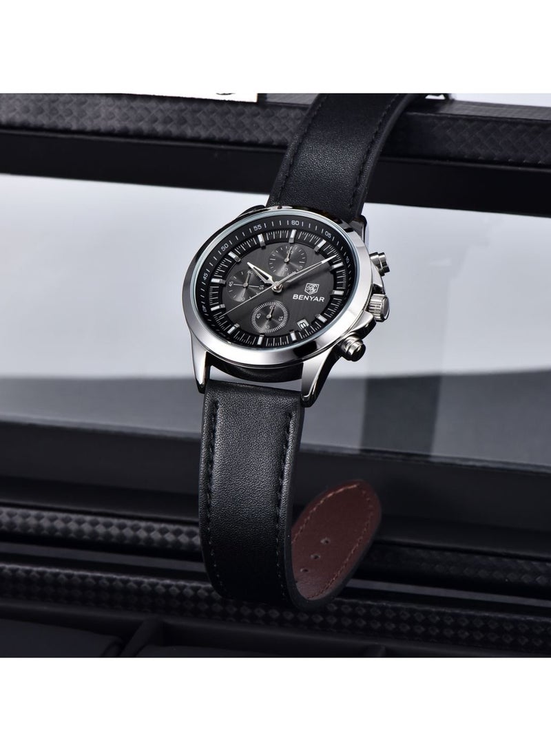 BENYAR Watches for Men Luxury Quartz Water Resistant Watch Men's Chronograph Genuine Leather Strap 5210 Black - Image 4