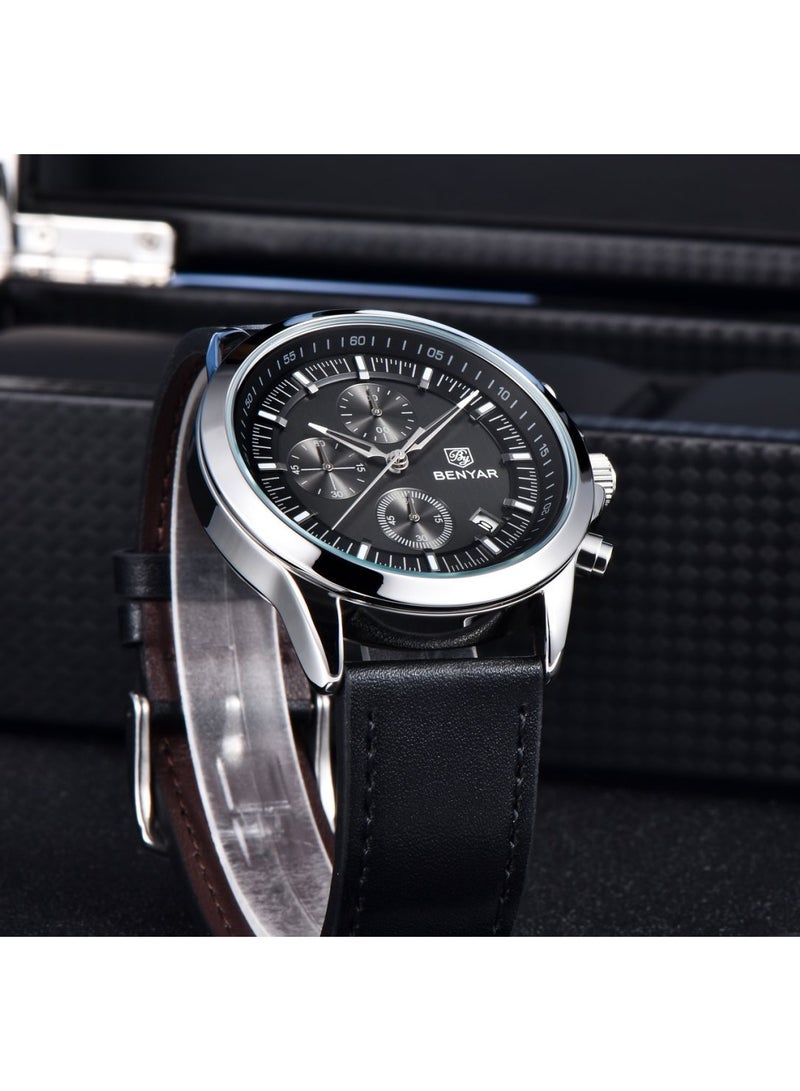BENYAR Watches for Men Luxury Quartz Water Resistant Watch Men's Chronograph Genuine Leather Strap 5210 Black - Image 5