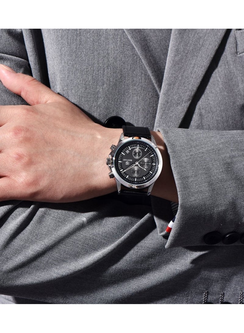 BENYAR Watches for Men Luxury Quartz Water Resistant Watch Men's Chronograph Genuine Leather Strap 5210 Black - Image 3