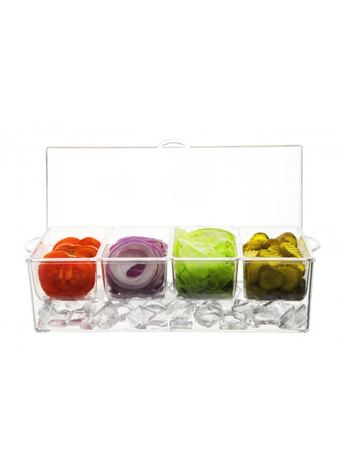 Oaklyn Large Clear Condiment Server Organizer on Ice with Containers and Lid BPA-Free Serving Bar Compartments and Plastic Box Tray Chilled Caddy Dispenser Set - Holds 80 oz Total
