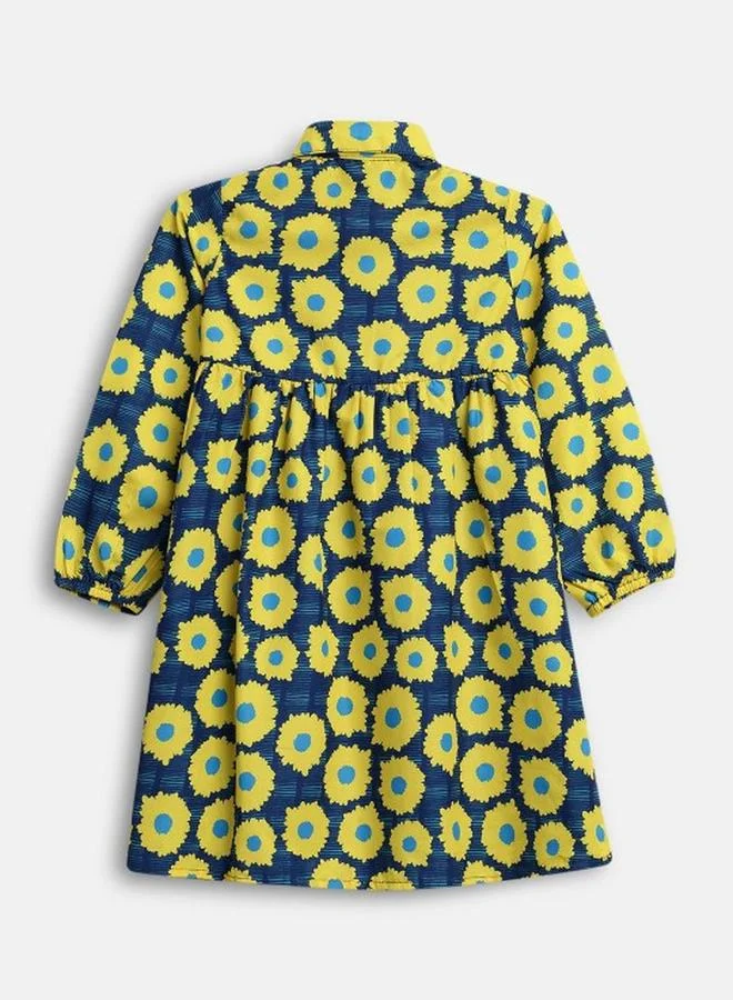 Bonkids Girl's Navy & Multicolour 100% Cotton Printed Regular Fit Dress