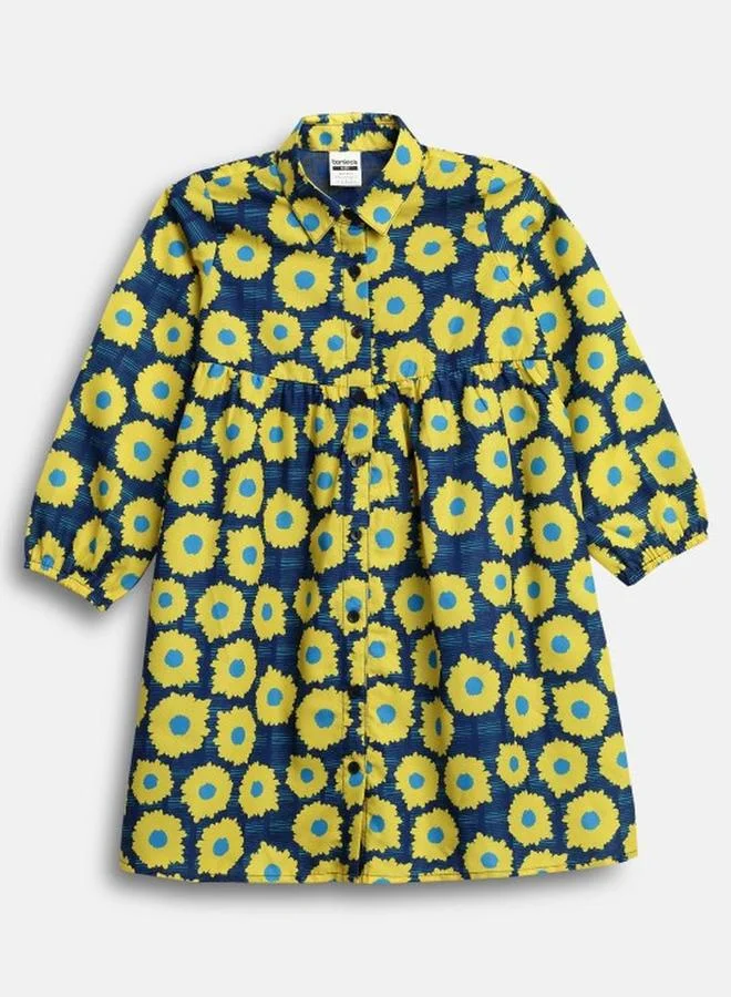 Bonkids Girl's Navy & Multicolour 100% Cotton Printed Regular Fit Dress