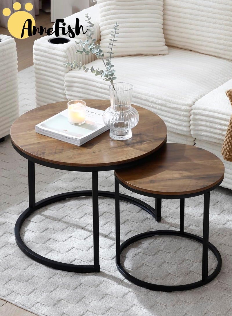 AnneFish 2Pcs Round Nesting Coffee Table Set Modern Home Center Sofa Table Rustic Brown Arc End Side Tables for Living Room Bedroom Balcony Yard - Image 1
