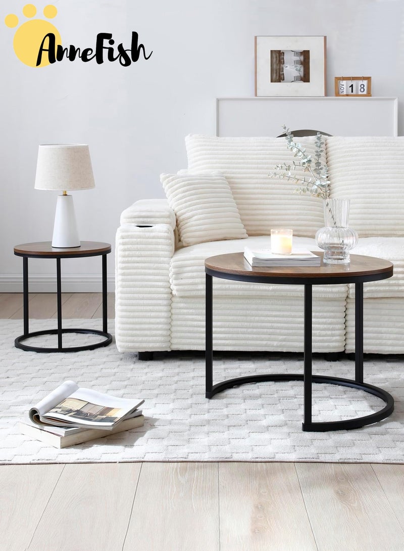 AnneFish 2Pcs Round Nesting Coffee Table Set Modern Home Center Sofa Table Rustic Brown Arc End Side Tables for Living Room Bedroom Balcony Yard - Image 4