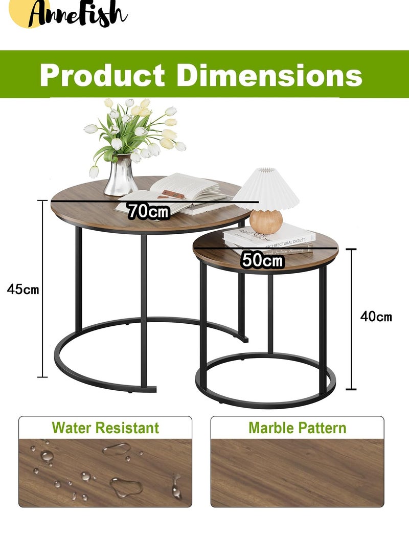 AnneFish 2Pcs Round Nesting Coffee Table Set Modern Home Center Sofa Table Rustic Brown Arc End Side Tables for Living Room Bedroom Balcony Yard - Image 2