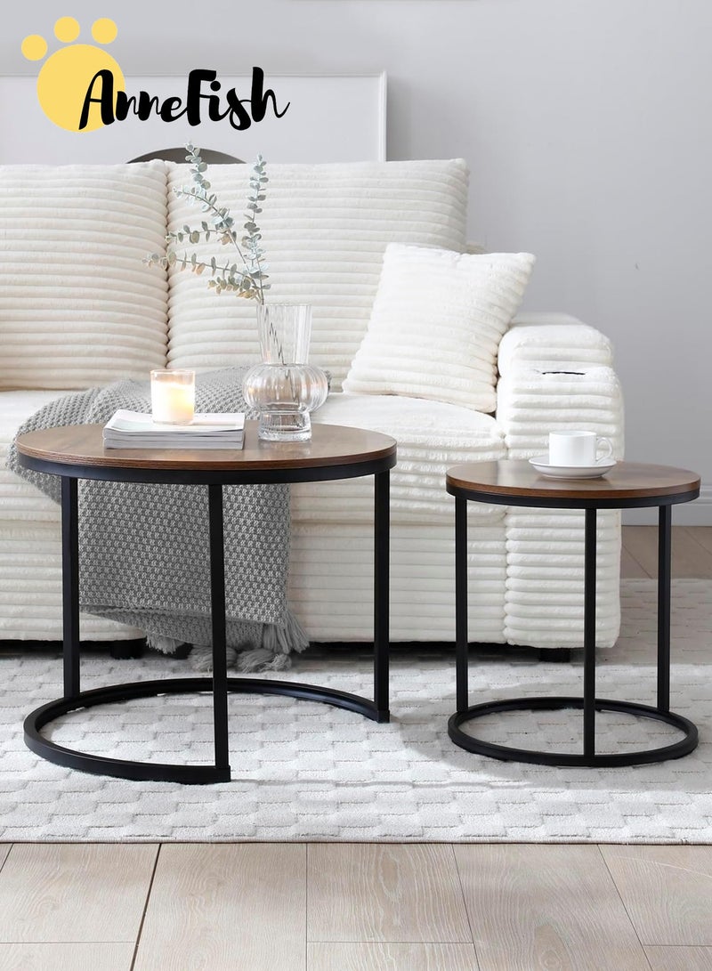 AnneFish 2Pcs Round Nesting Coffee Table Set Modern Home Center Sofa Table Rustic Brown Arc End Side Tables for Living Room Bedroom Balcony Yard - Image 5