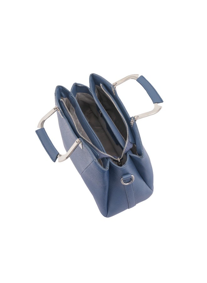 فوسكا شنطة Foska يد وكتف نسائية جلد بمقبض معدني – تصميم هندسي ألوان (أزرق وبيج) - مقاس 30x21.5 سم - Image 5