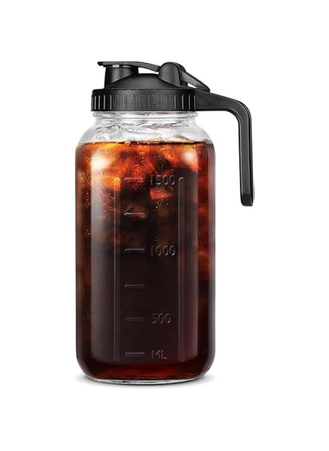 HOOKOR 64 OZ Mason Jars with Lid, Glass Pitcher Double Leak Proof with Pour Spout Handle, Wide Mouth Jar, Heavy Duty Container for Water, Juice, Milk, Tea, Iced Coffee, and Drinks (64OZ)  - Image 1