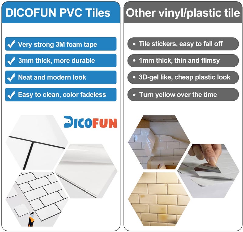 DICOFUN 10-Sheet Polished White Thick PVC Peel and Stick Backsplash, Ceramic Look Subway Tile White Kitchen Backsplash Peel and Stick Wall Tiles - Image 5