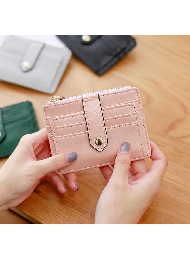 erorex Small Coin Purse Leather Student Wallet Short Card Holder Zipper Earphone Storage & Finishing Bag Button Closure Small Body & Large Capacity Transparent Window Photos Smooth Zip Pink  - Image 2