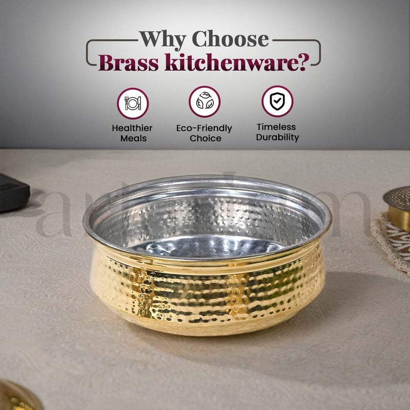 Artarium Artarium Pure Brass Lagaan Tin Coated with Lid Biryani Handi Hammered NonStick Pital Lagan Traditional Indian Cooking Pot for Cookind and Serving Brass Utensils for Kitchen Brass Lagan 4 Liter - Image 3
