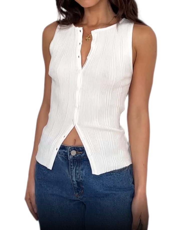 KMBANGI Women Button Down Vest Ribbed Summer Tank Tops Button Up Open Front Shirts Sleeveless Slim Fit Dressy Top(Knit White,S) - Image 2