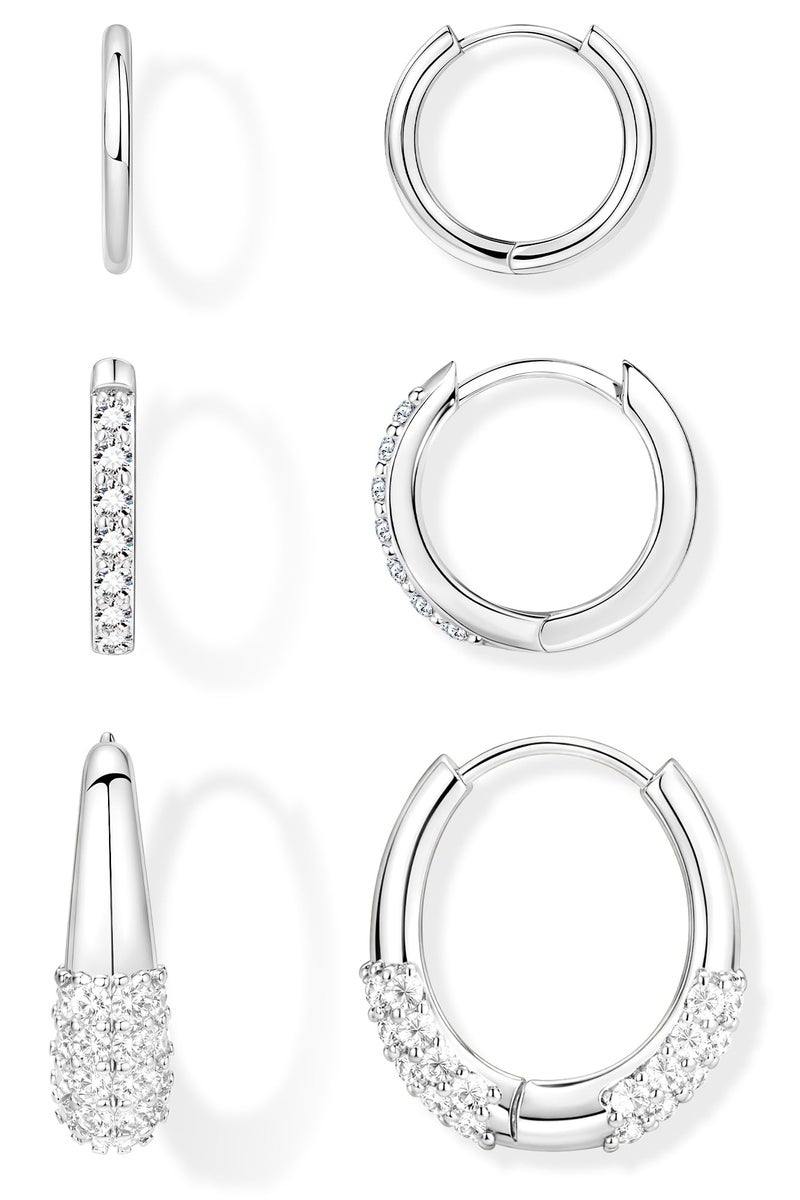 Poxtex Silver Huggie Hoop Earrings Set for Women, 925 Sterling Silver Small Chunky Cubic Zircon Earrings for Multiple Piercing Hypoallergenic Lightweight Dainty Jewelry, Trendy Thick Cartilage Earrings for Women's Gifts 3 Pairs - Image 1