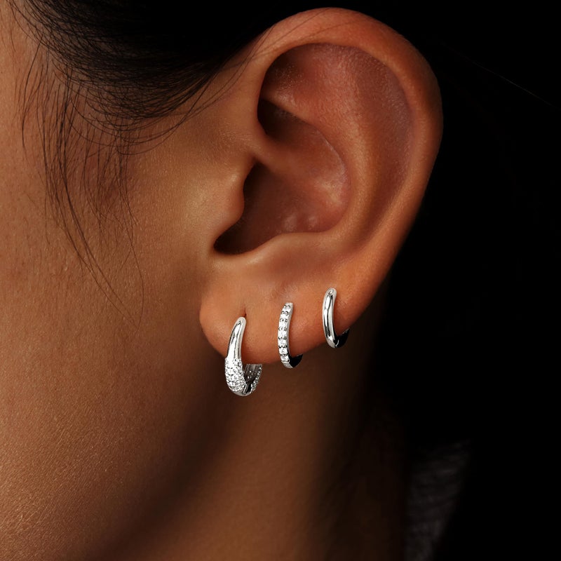 Poxtex Silver Huggie Hoop Earrings Set for Women, 925 Sterling Silver Small Chunky Cubic Zircon Earrings for Multiple Piercing Hypoallergenic Lightweight Dainty Jewelry, Trendy Thick Cartilage Earrings for Women's Gifts 3 Pairs - Image 3