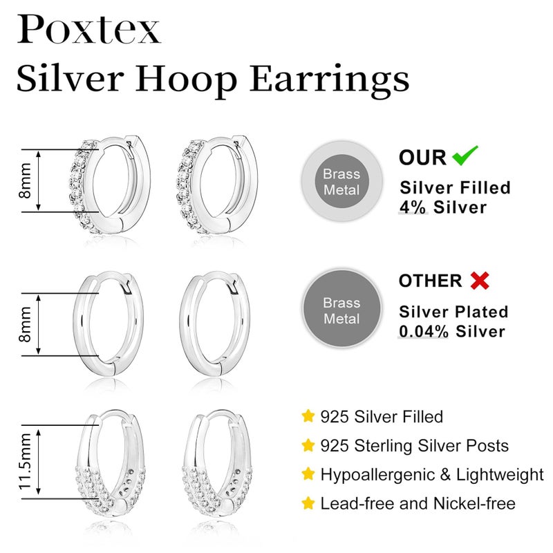 Poxtex Silver Huggie Hoop Earrings Set for Women, 925 Sterling Silver Small Chunky Cubic Zircon Earrings for Multiple Piercing Hypoallergenic Lightweight Dainty Jewelry, Trendy Thick Cartilage Earrings for Women's Gifts 3 Pairs - Image 4
