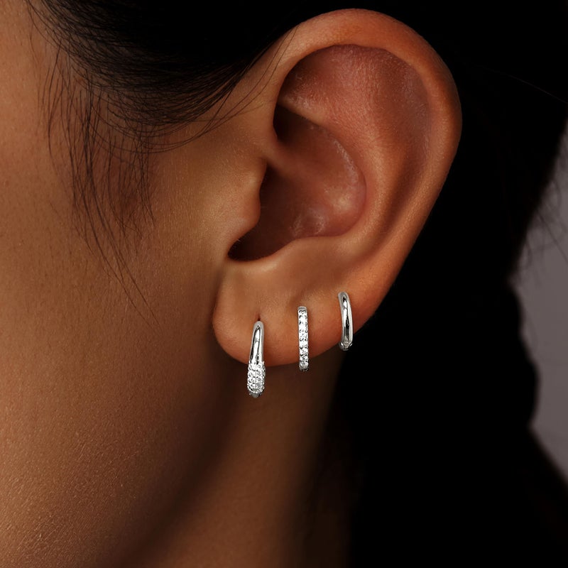 Poxtex Silver Huggie Hoop Earrings Set for Women, 925 Sterling Silver Small Chunky Cubic Zircon Earrings for Multiple Piercing Hypoallergenic Lightweight Dainty Jewelry, Trendy Thick Cartilage Earrings for Women's Gifts 3 Pairs - Image 2