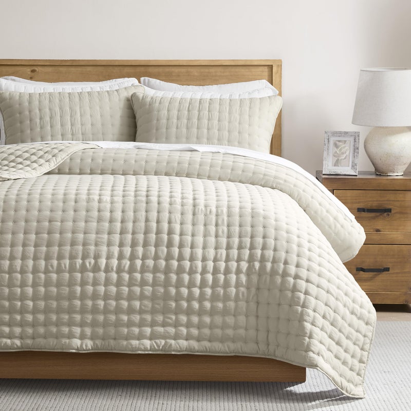 WDCOZY Beige King Size Quilt Bedding Sets with 2 Pillow Shams, Neutral Lightweight Soft Bedspread Coverlet, Quilted Blanket Thin Comforter Bed Cover for All Season, 3 Pieces, 104x90 inches - Image 1
