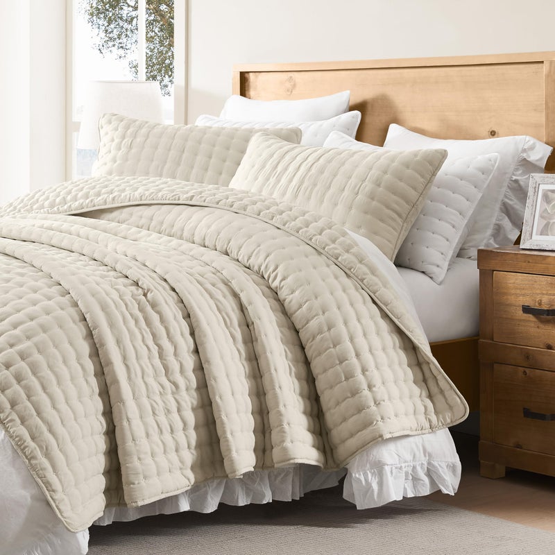 WDCOZY Beige King Size Quilt Bedding Sets with 2 Pillow Shams, Neutral Lightweight Soft Bedspread Coverlet, Quilted Blanket Thin Comforter Bed Cover for All Season, 3 Pieces, 104x90 inches - Image 4
