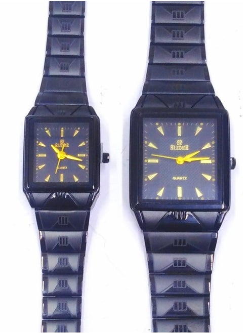 Square Quartz Watch Set, Black Metal Band, Gold Markers, 2 Pack