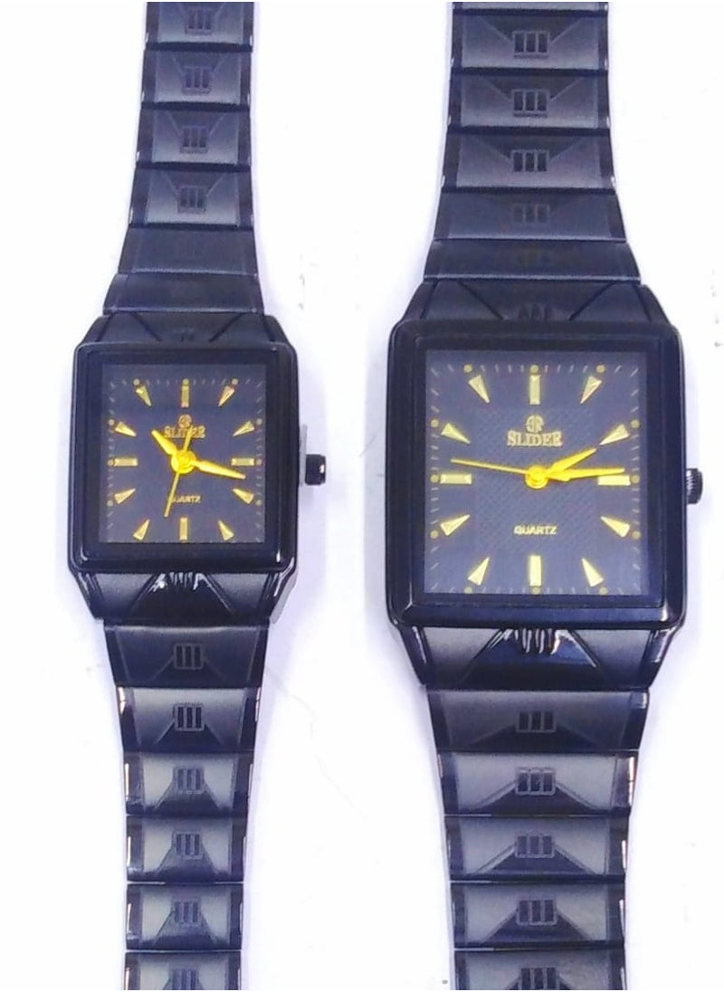 Generic - Square Quartz Watch Set, Black Metal Band, Gold Markers, 2 Pack - Image 1