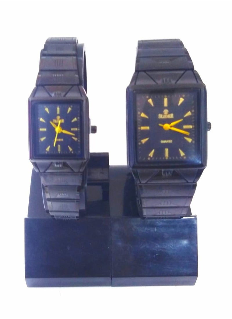 Generic - Square Quartz Watch Set, Black Metal Band, Gold Markers, 2 Pack - Image 1