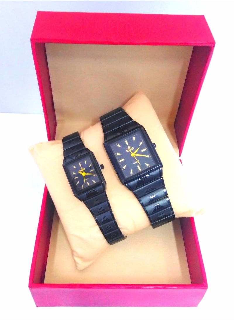 Generic - Square Quartz Watch Set, Black Metal Band, Gold Markers, 2 Pack - Image 1