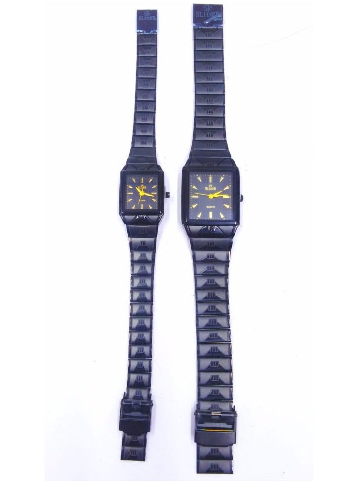 Generic - Square Quartz Watch Set, Black Metal Band, Gold Markers, 2 Pack - Image 1