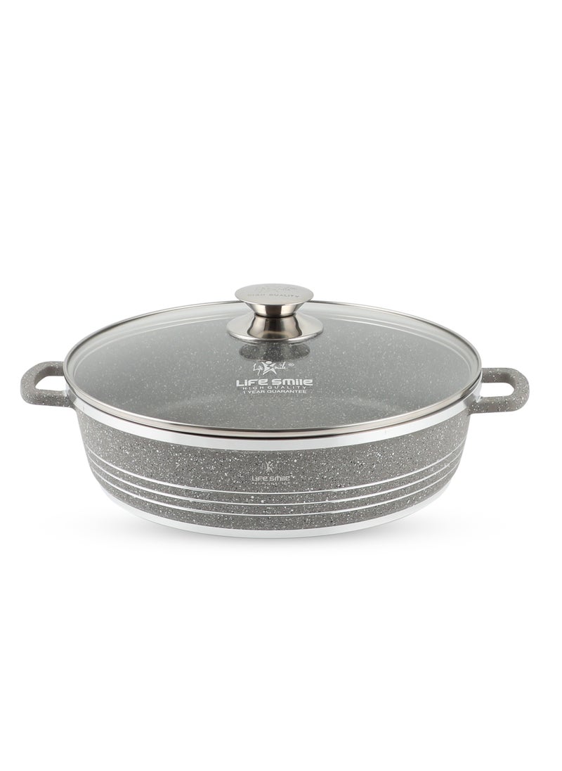 Life Smile 24cm (2.1 Liter) LIFE SMILE Shallow Pot with Lid | Non Stick PFOA FREE Granite Coating Frying Pan | Oven Safe | Dishwasher Safe | Double Handle (Grey)  - Image 1