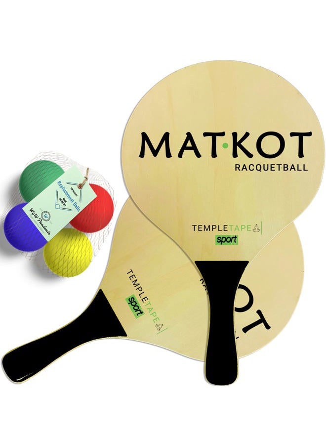 W4W Kadima Beach Paddle Ball Racket Set - Bundle Pack Includes 4 Balls & 2 Paddles - Natural - Image 1