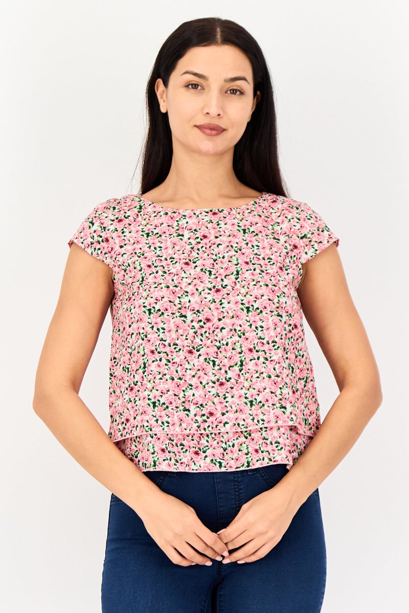 VERO MODA بلوزة مزخرفة بأكمام قصيرة من فيرو مودا للنساء، متعددة الألوان، بياقة دائرية - Image 1