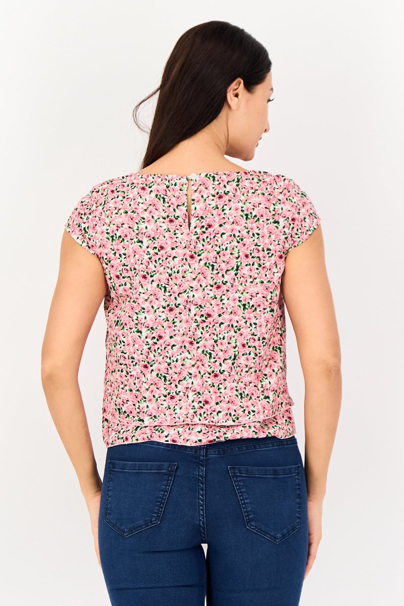 VERO MODA بلوزة مزخرفة بأكمام قصيرة من فيرو مودا للنساء، متعددة الألوان، بياقة دائرية - Image 3