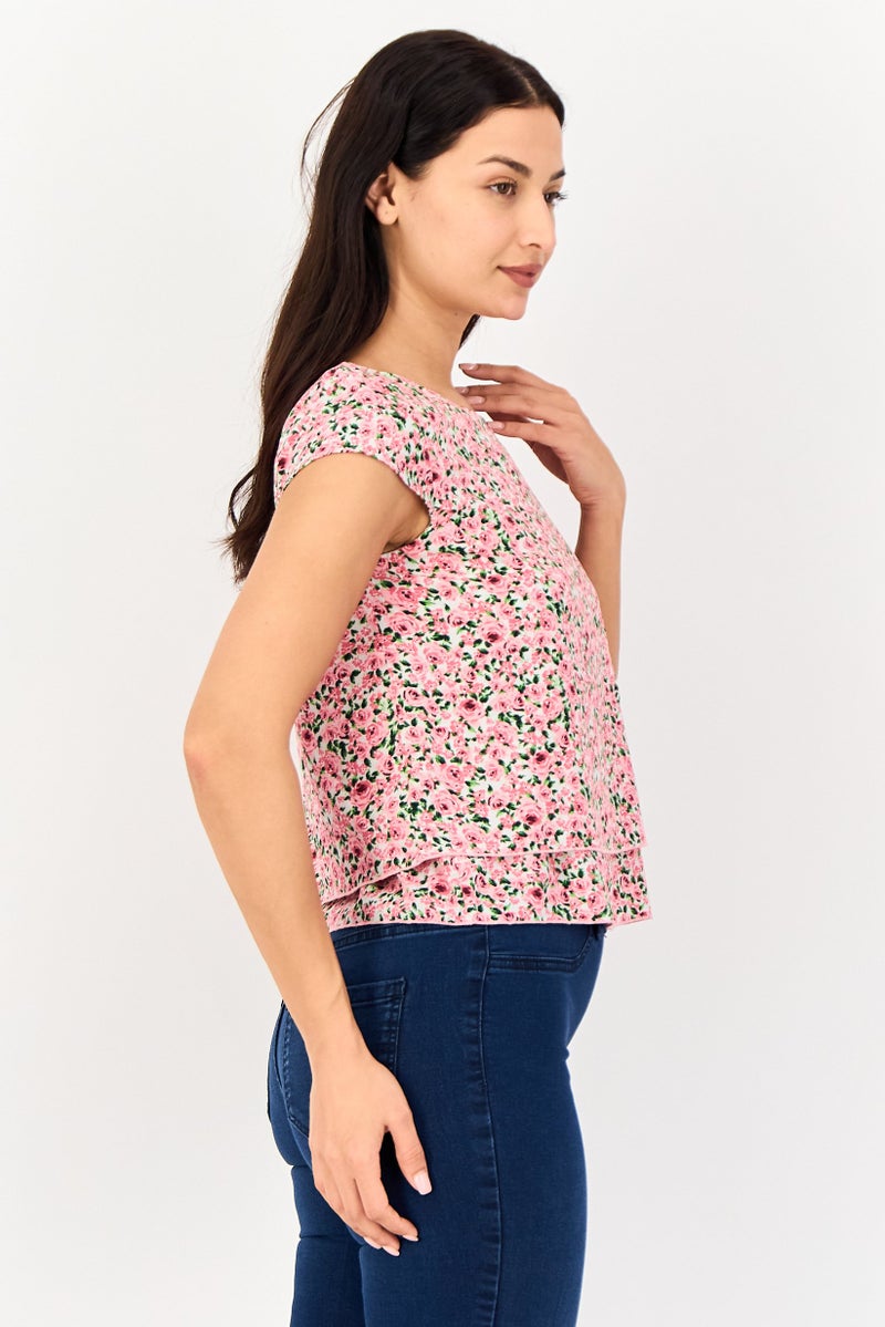 VERO MODA بلوزة مزخرفة بأكمام قصيرة من فيرو مودا للنساء، متعددة الألوان، بياقة دائرية - Image 2