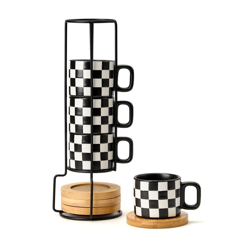 LUKA Porcelain Stackable Black and White Checkered Espresso Cups with Saucers and Metal Stand 4 Ounce Small Ceramic Demitasse Cups Set for Coffee Drinks Latte Tea Set of 4 Black Interior - Image 2