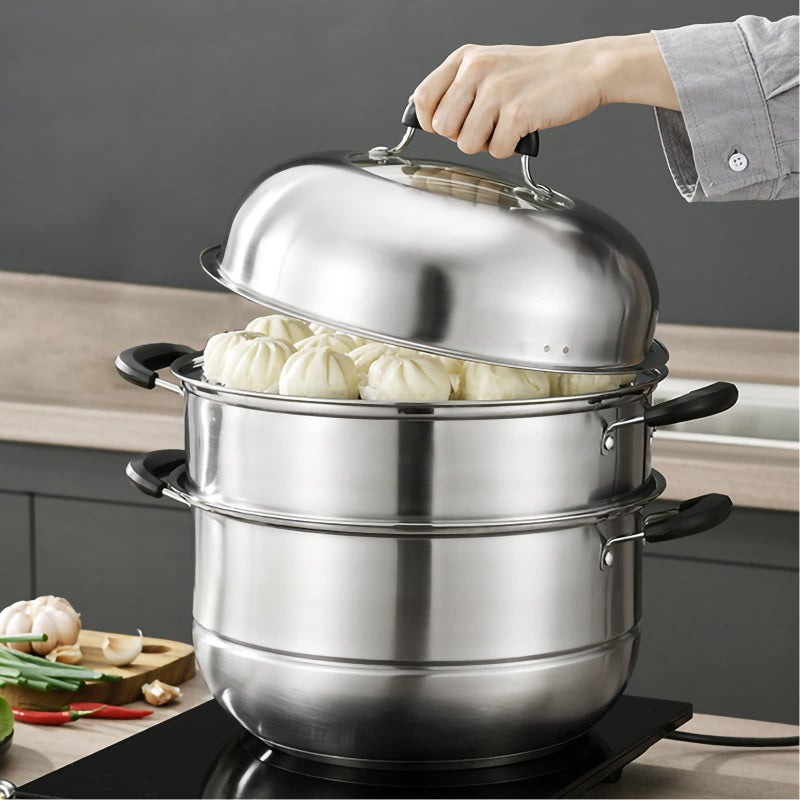 MANO Steamer Pot for Cooking 12.6 inch Steam Pots with Lid 2-tier Stainless Steel Steaming Pot Multipurpose Cookware with Handle for Vegetable, Dumpling, Stock, Sauce, Foodâ€¦ - Image 1