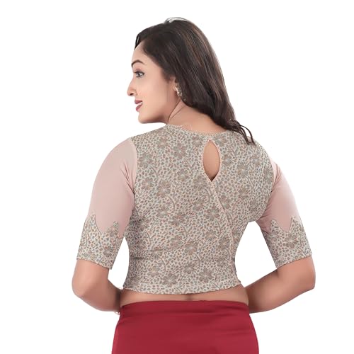 DESI GIRL - Round Neck Jacquard Regular Fit Saree Blouse for Women | Half Sleeve Readymade Stretchy Embroidered Design Festive Blouse Perfect for Saree, Lehenga, Kurti | Cream - 44 - Image 3