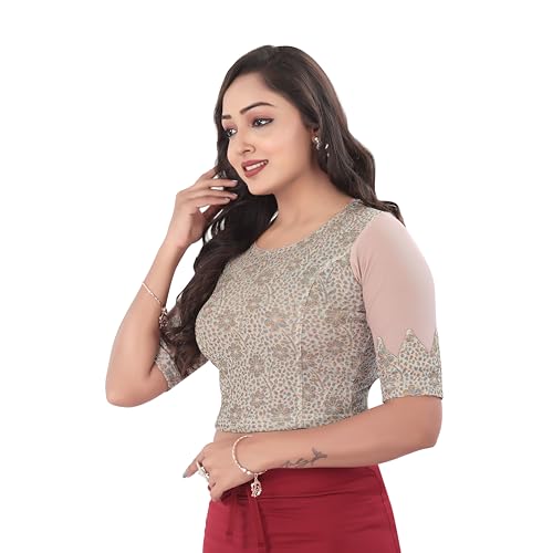 DESI GIRL - Round Neck Jacquard Regular Fit Saree Blouse for Women | Half Sleeve Readymade Stretchy Embroidered Design Festive Blouse Perfect for Saree, Lehenga, Kurti | Cream - 44 - Image 2