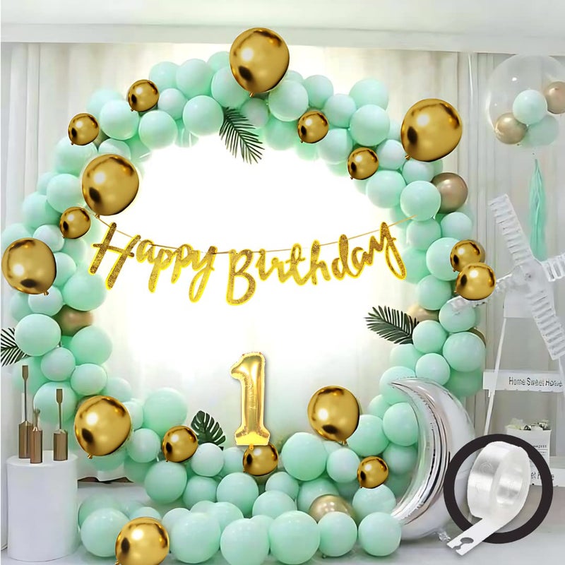 Flyloons 1st Green Gold Happy Birthday Decoration for Girls Kids Boys, Golden Glitter Happy Birthday Banner,Green Pastel Balloons,Golden Chrome Balloon,Arch Tape birthday decoration items for room - Image 3