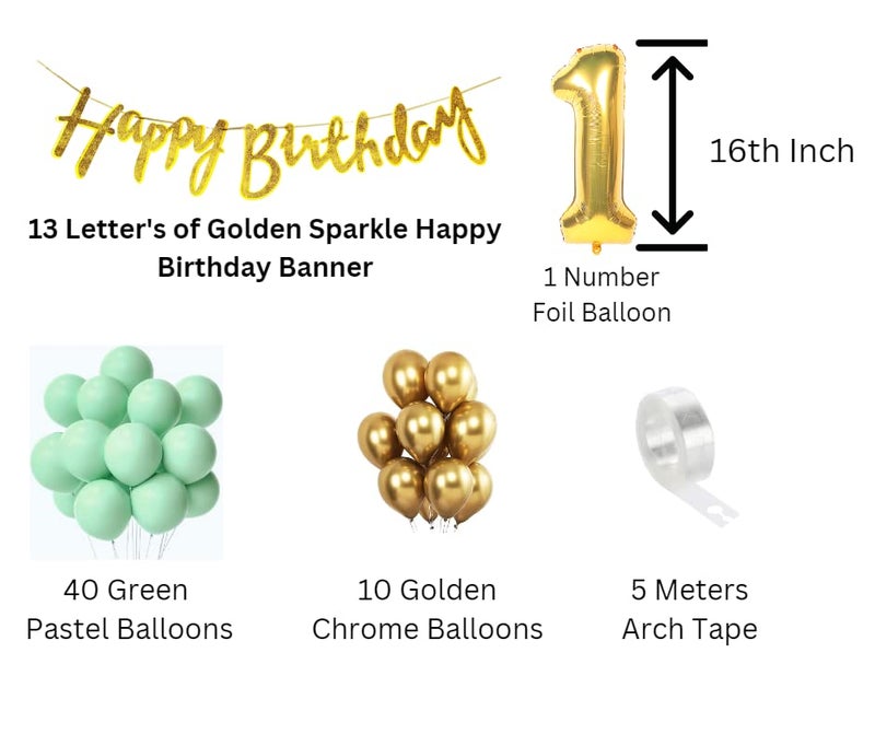 Flyloons 1st Green Gold Happy Birthday Decoration for Girls Kids Boys, Golden Glitter Happy Birthday Banner,Green Pastel Balloons,Golden Chrome Balloon,Arch Tape birthday decoration items for room - Image 2